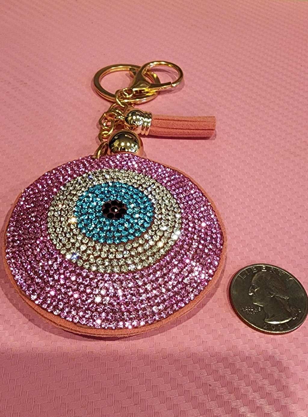 -Pink Rhinestone evil eye keychain