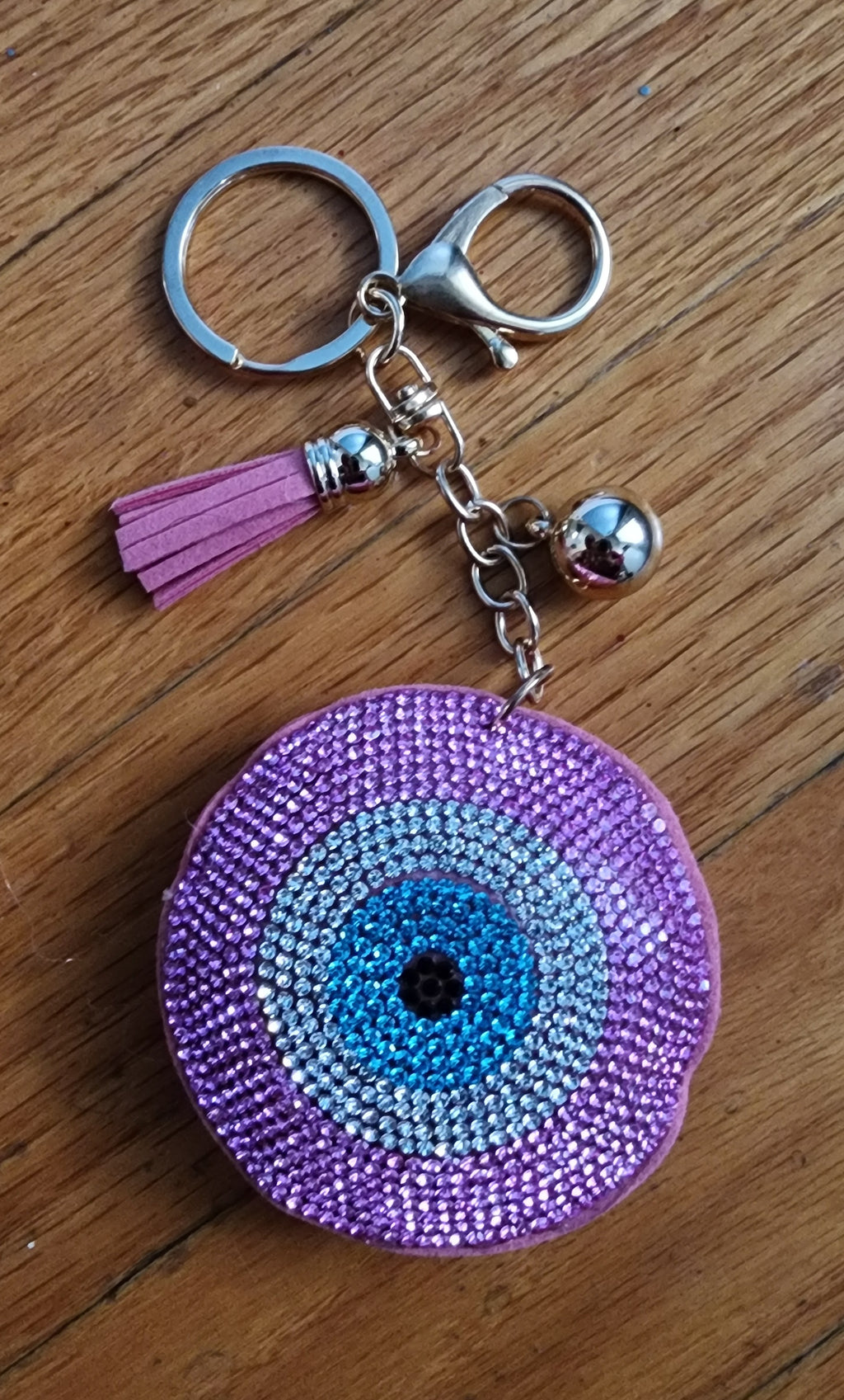 -Pink Rhinestone evil eye keychain