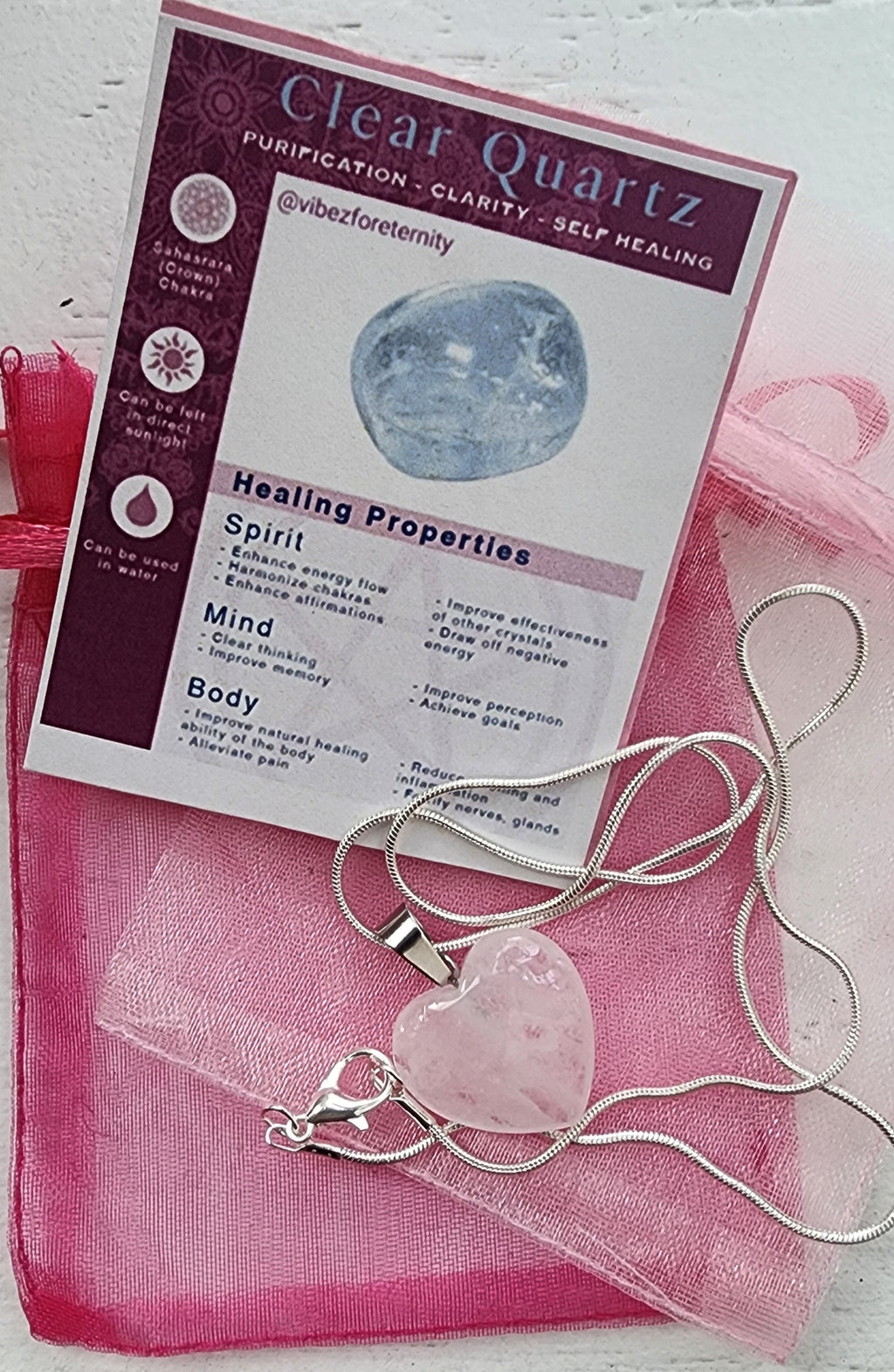 -Collar de cuarzo transparente en forma de corazón