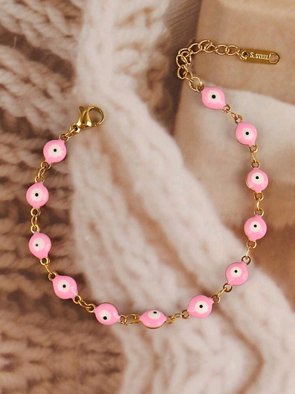 -Pulsera rosa de acero inoxidable con ojo turco