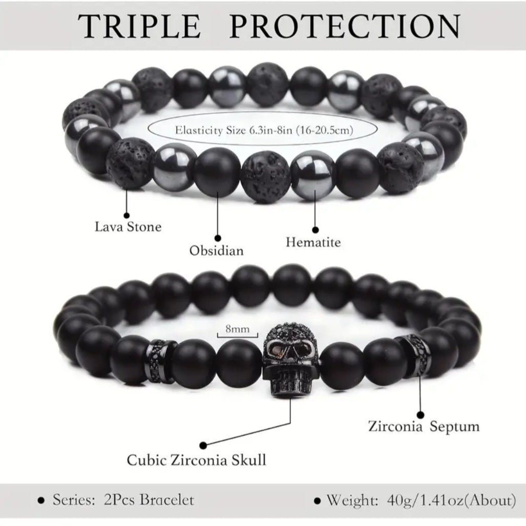-Pulsera de triple protección con calavera (juego de 2)