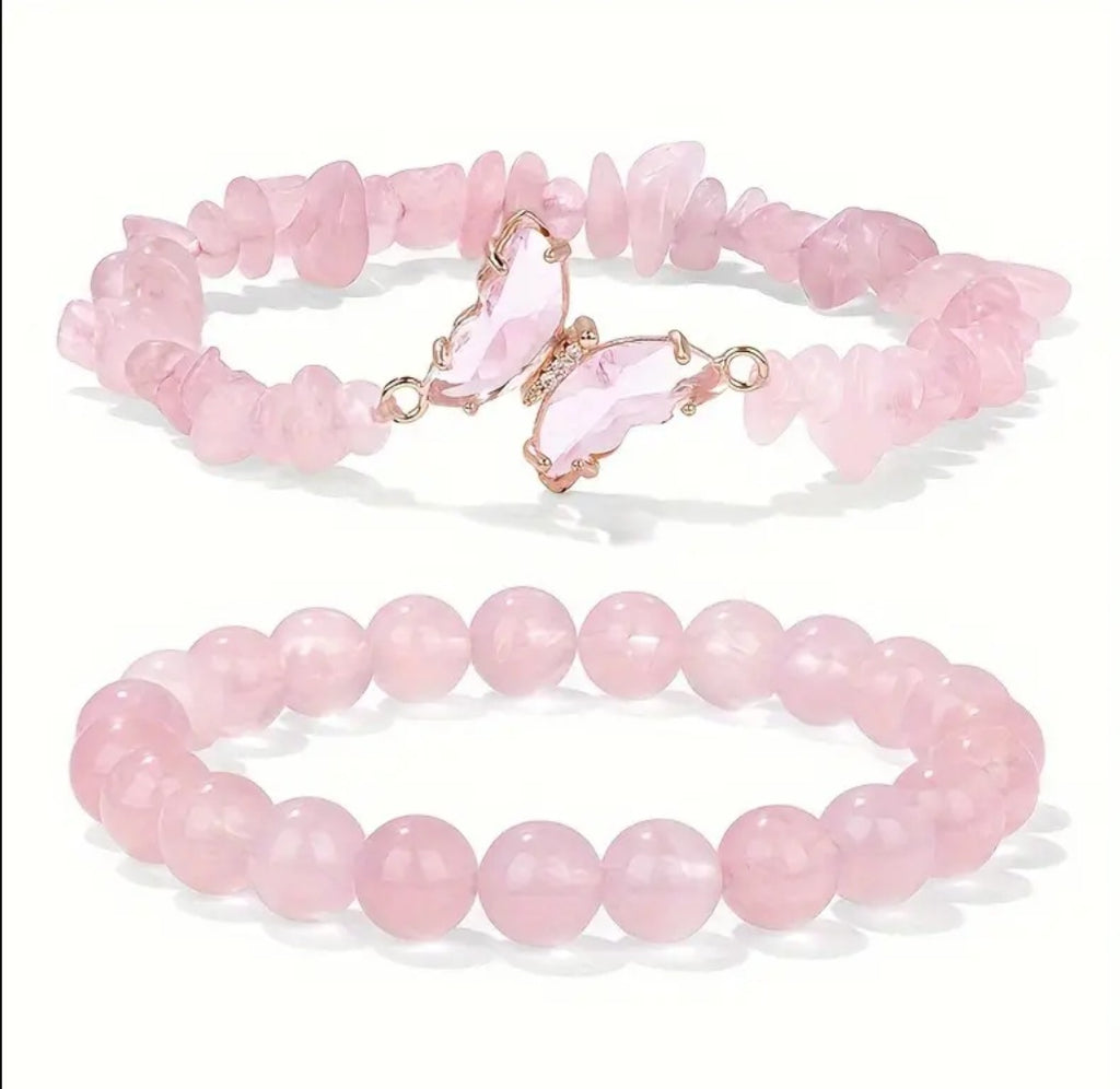 -Pulsera de doble mariposa de cuarzo rosa