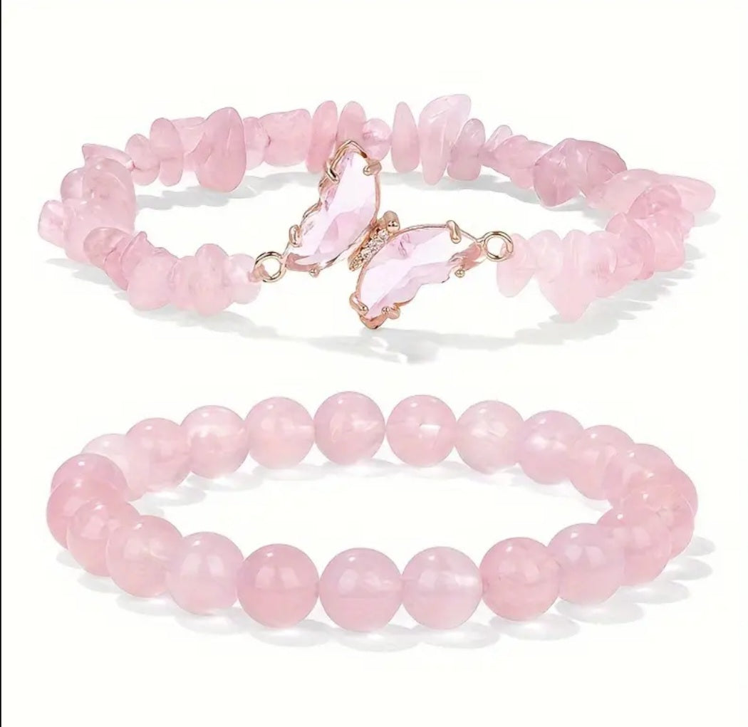 -Pulsera de doble mariposa de cuarzo rosa