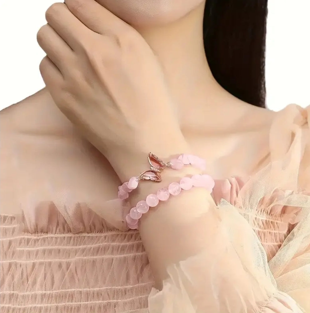 -Pulsera de doble mariposa de cuarzo rosa