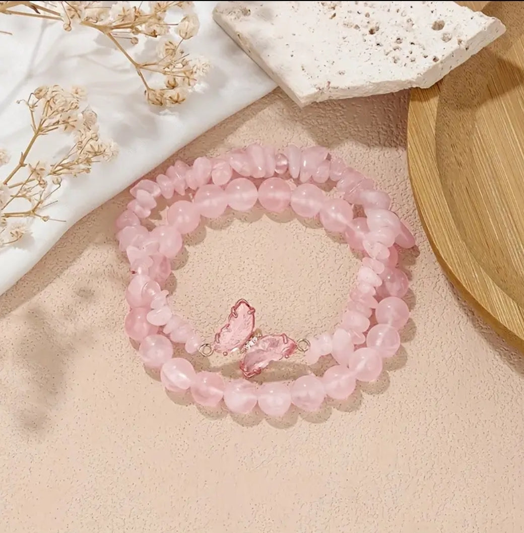 -Pulsera de doble mariposa de cuarzo rosa