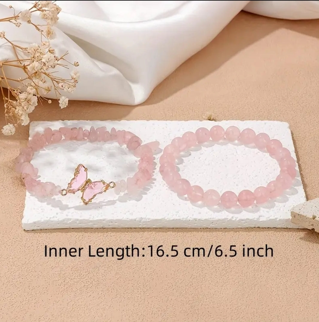 -Pulsera de doble mariposa de cuarzo rosa