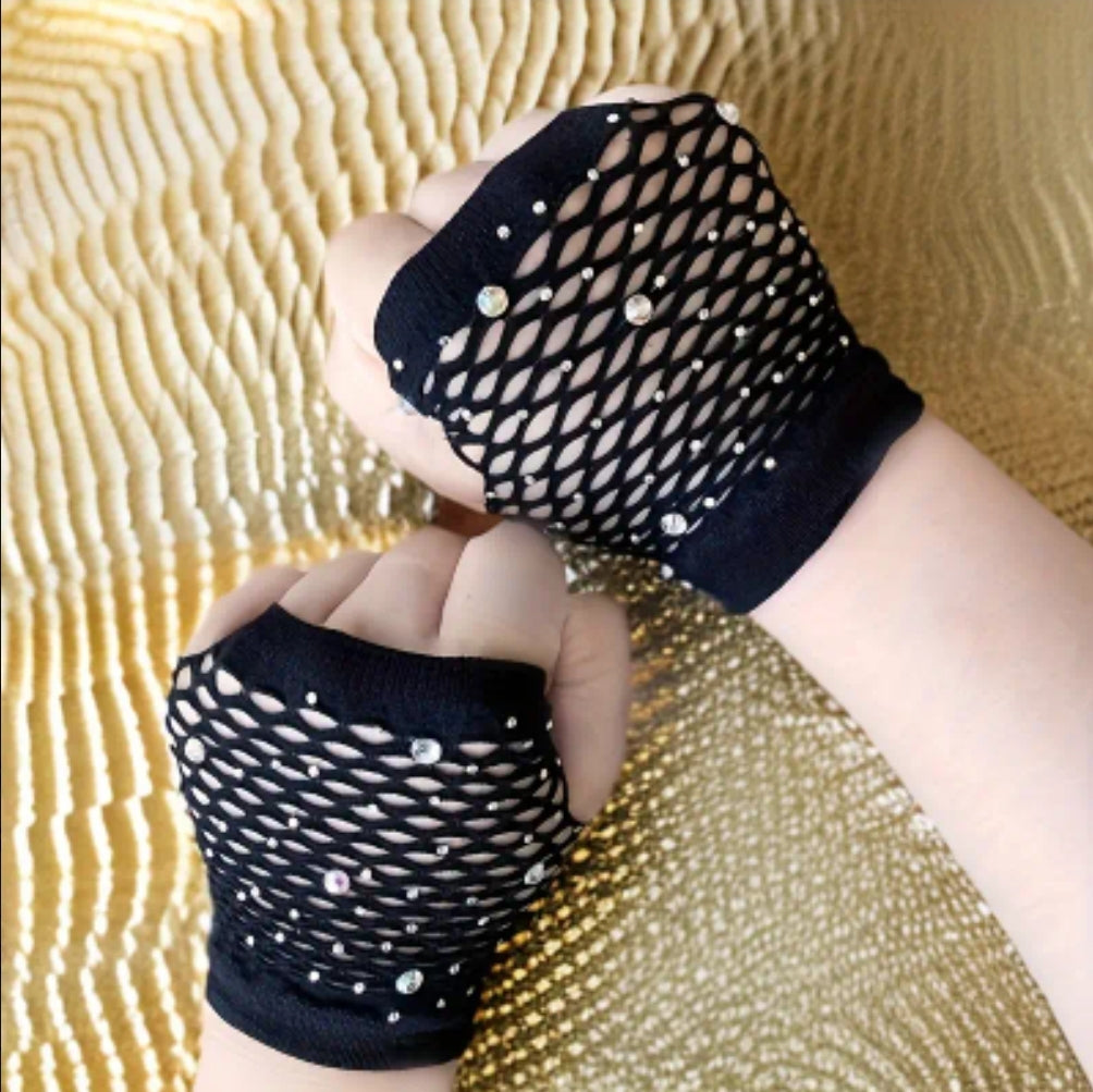 -Guantes cortos de malla con pedrería