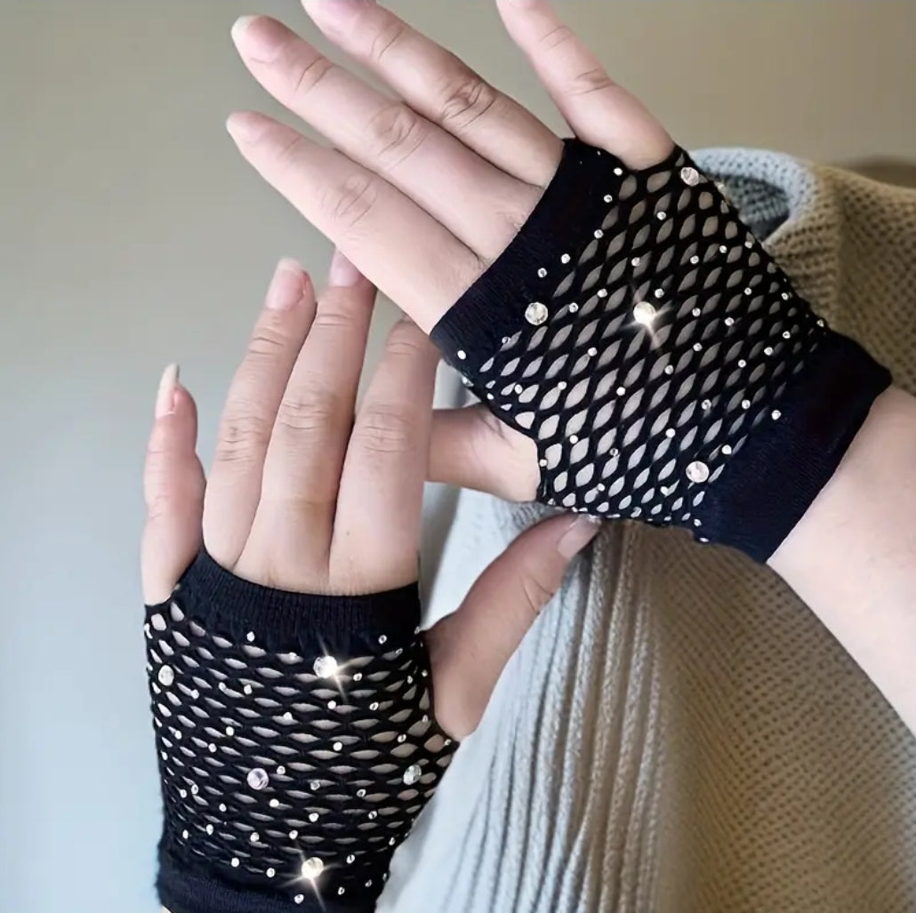 -Guantes cortos de malla con pedrería