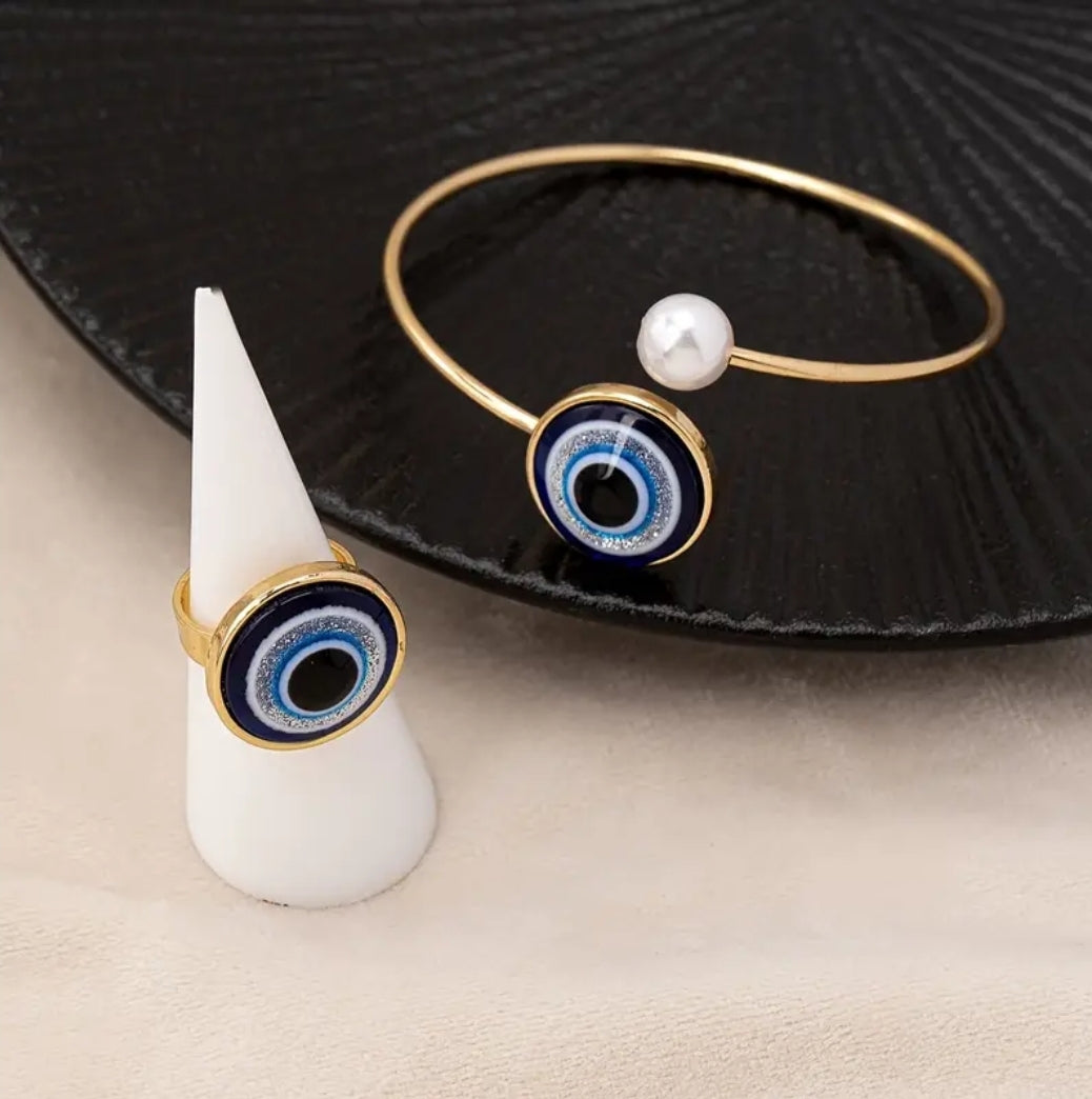-ring and bracelet pearl with evil eye