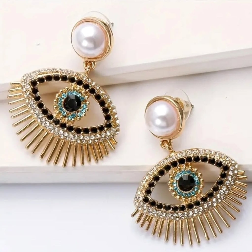 -Pearl Evil eye rhinestones earrings