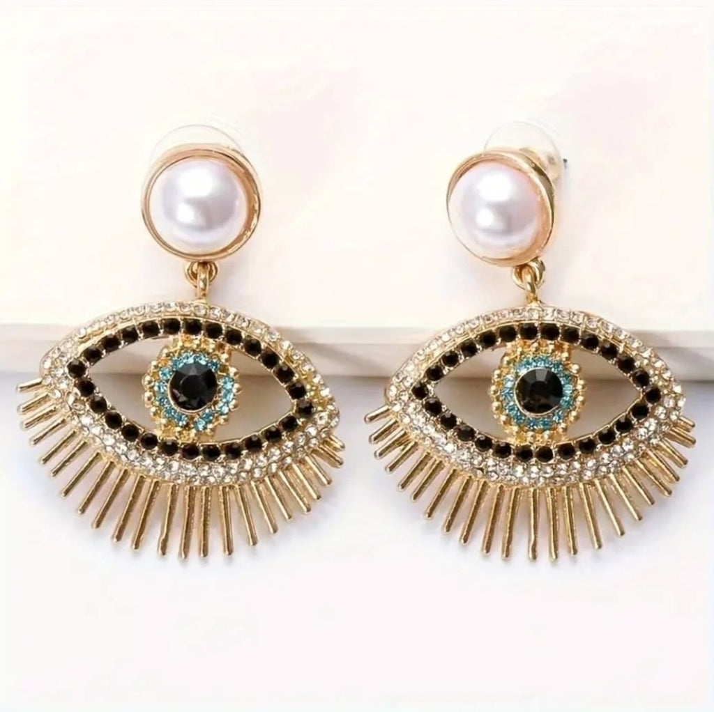 -Pearl Evil eye rhinestones earrings