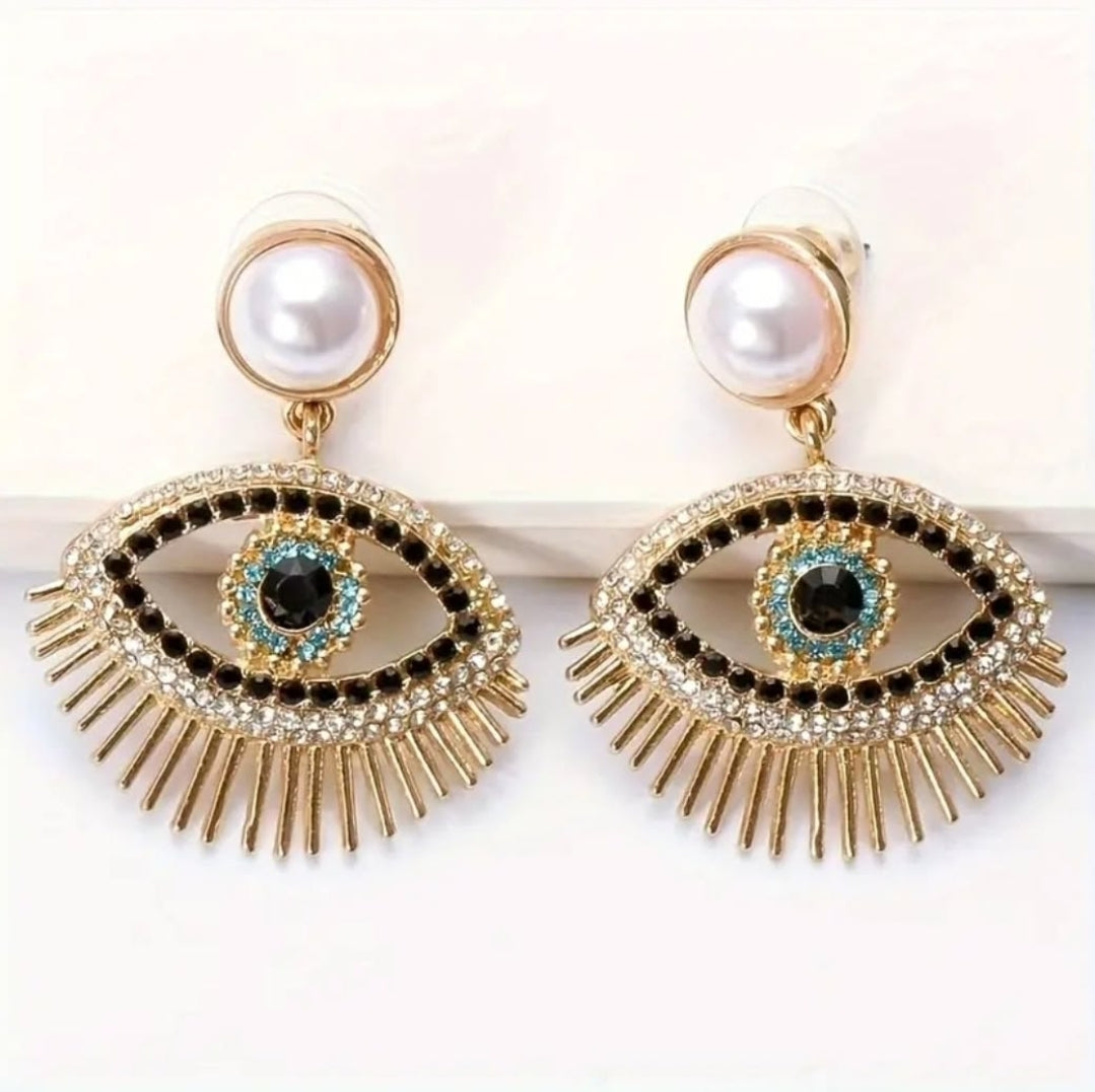 -Pearl Evil eye rhinestones earrings
