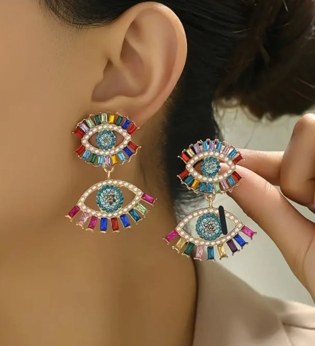 -Evil eye colored rhinestones earrings
