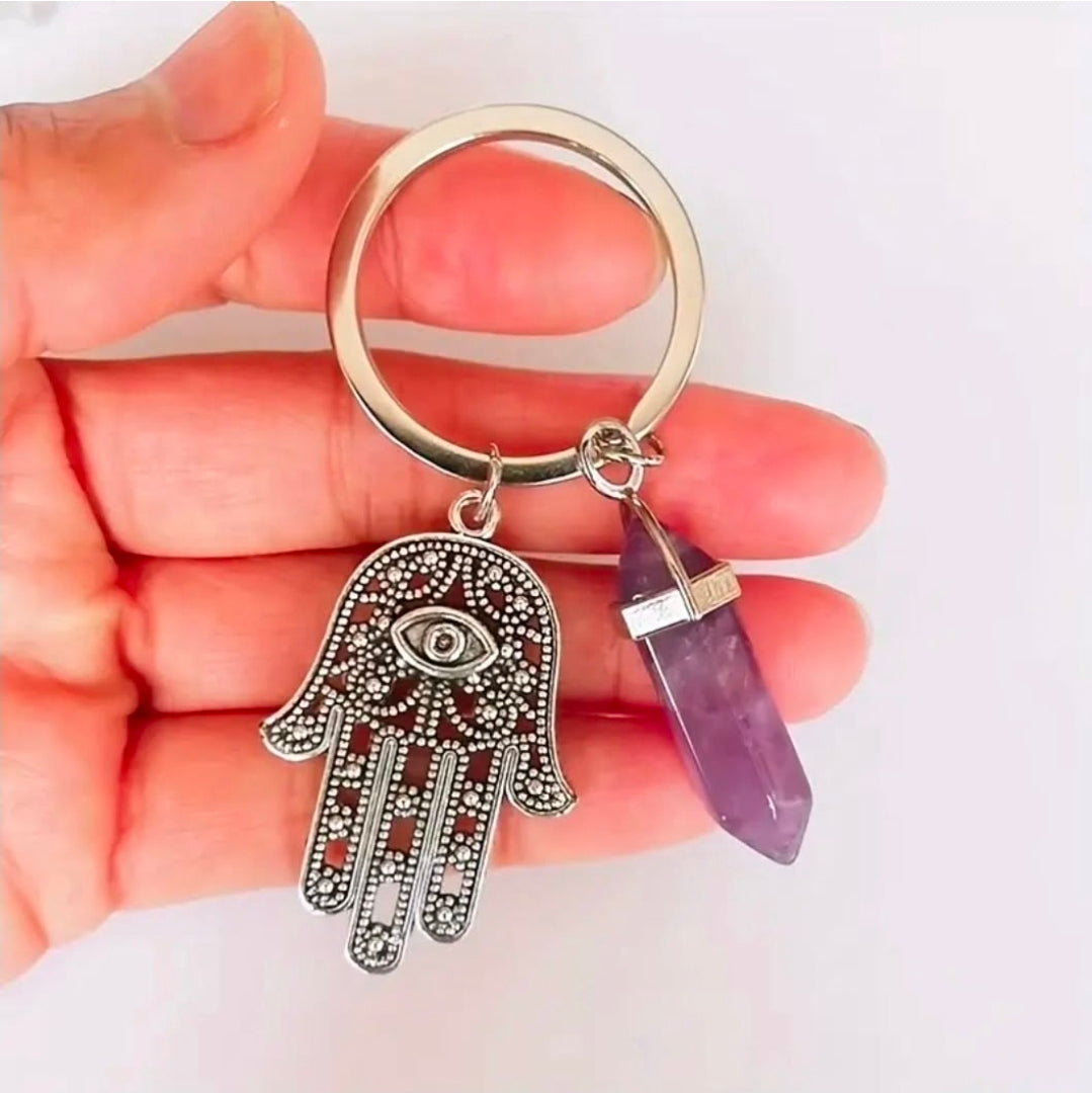 -Hamsa hand with Amethyst  stone Keychain