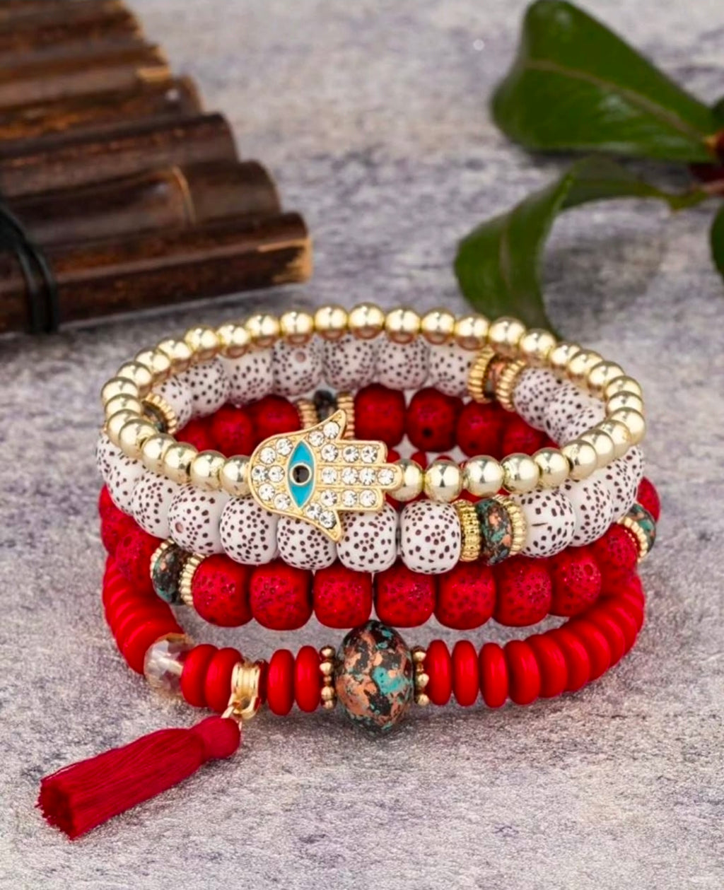 -Set of 4 red hamsa bracelets
