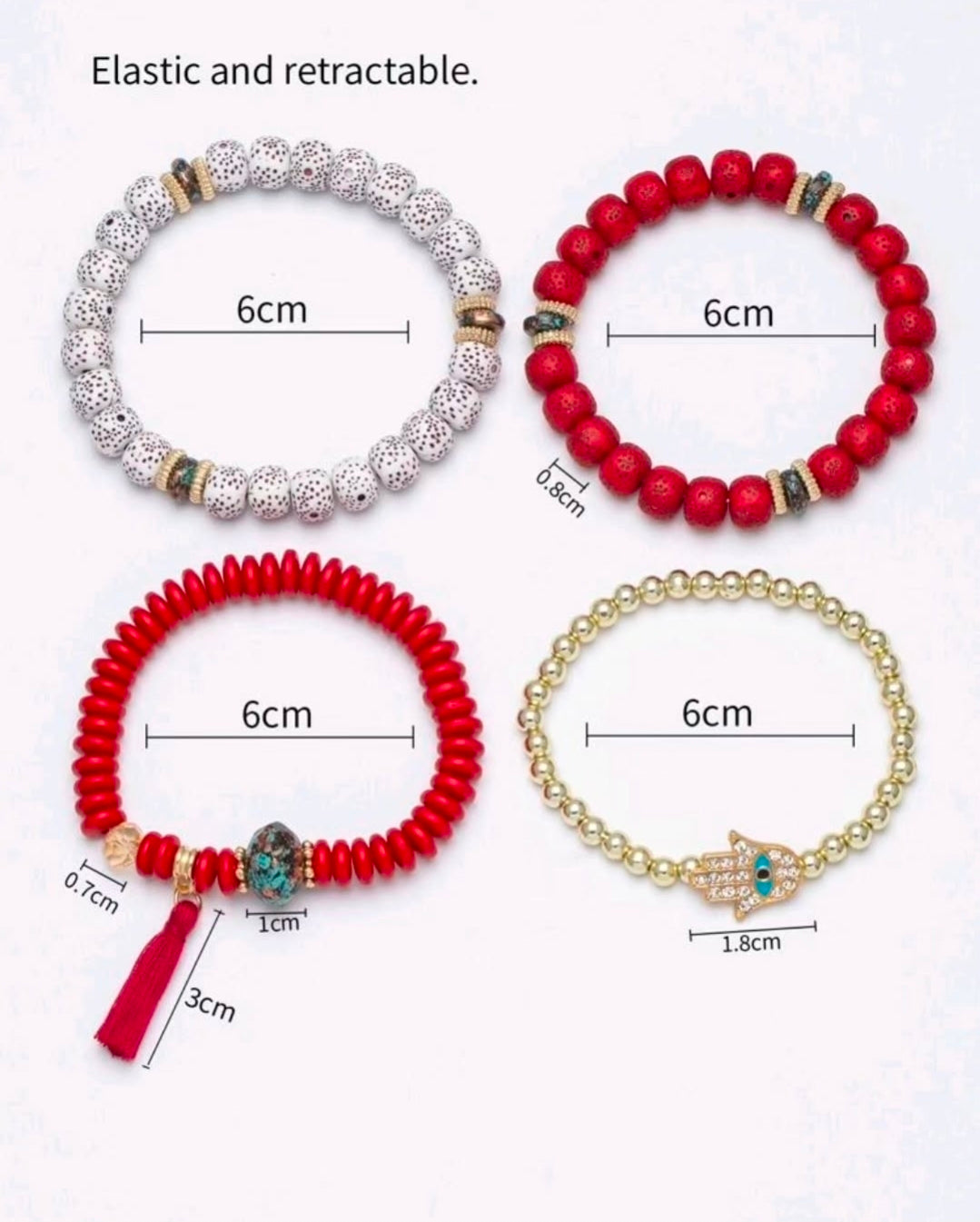 -Conjunto de 4 pulseras rojas con la mano de Fátima