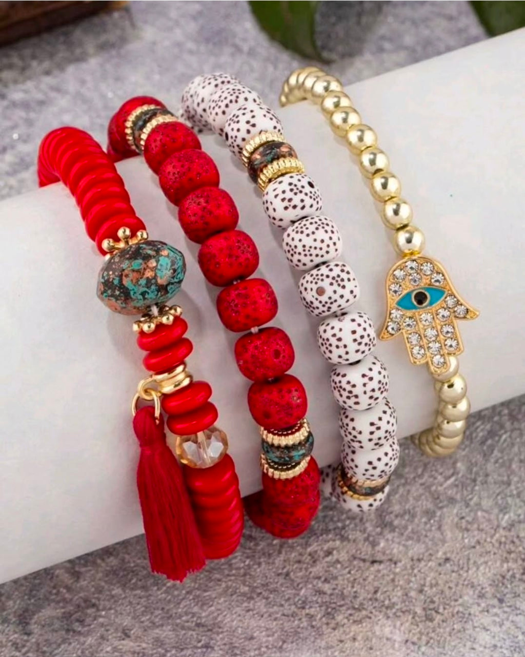 -Set of 4 red hamsa bracelets