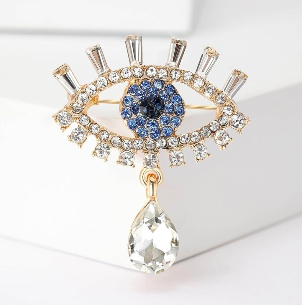 -Crystal evil eye brooch
