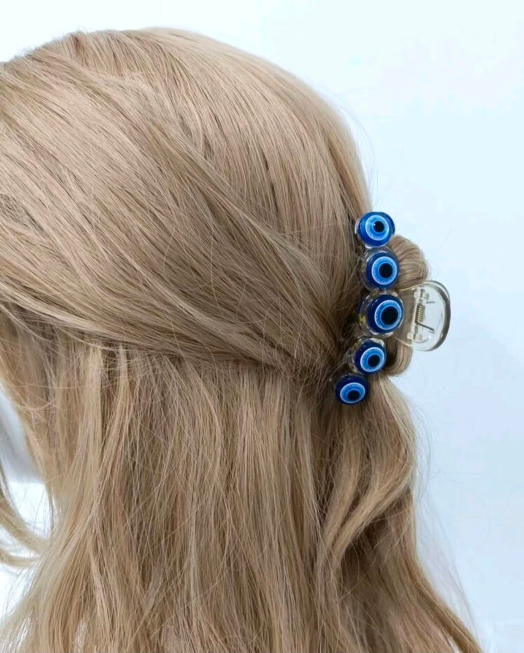 -3 pinzas para el cabello de plástico transparente con forma de ojo turco azul