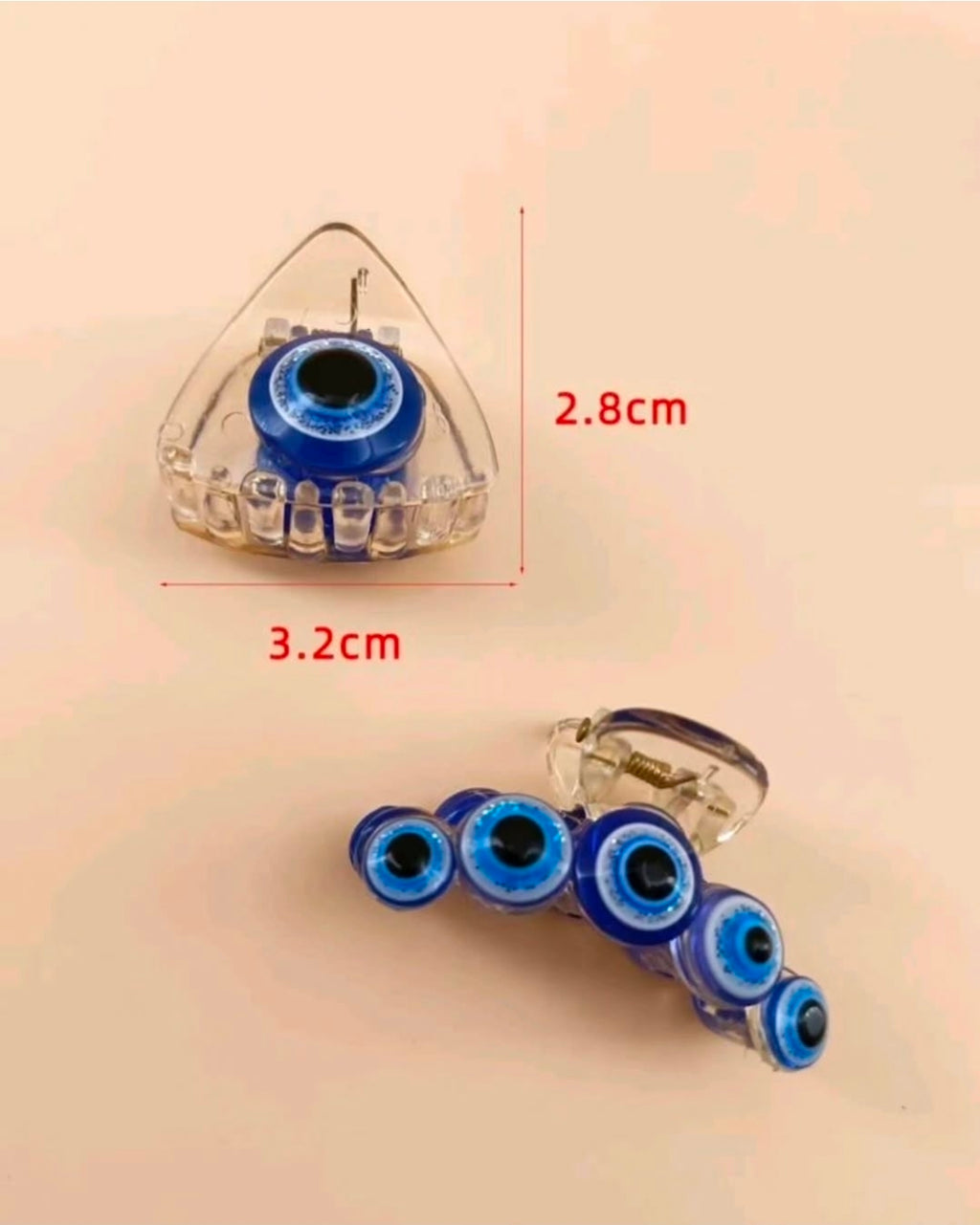 -3 pinzas para el cabello de plástico transparente con forma de ojo turco azul