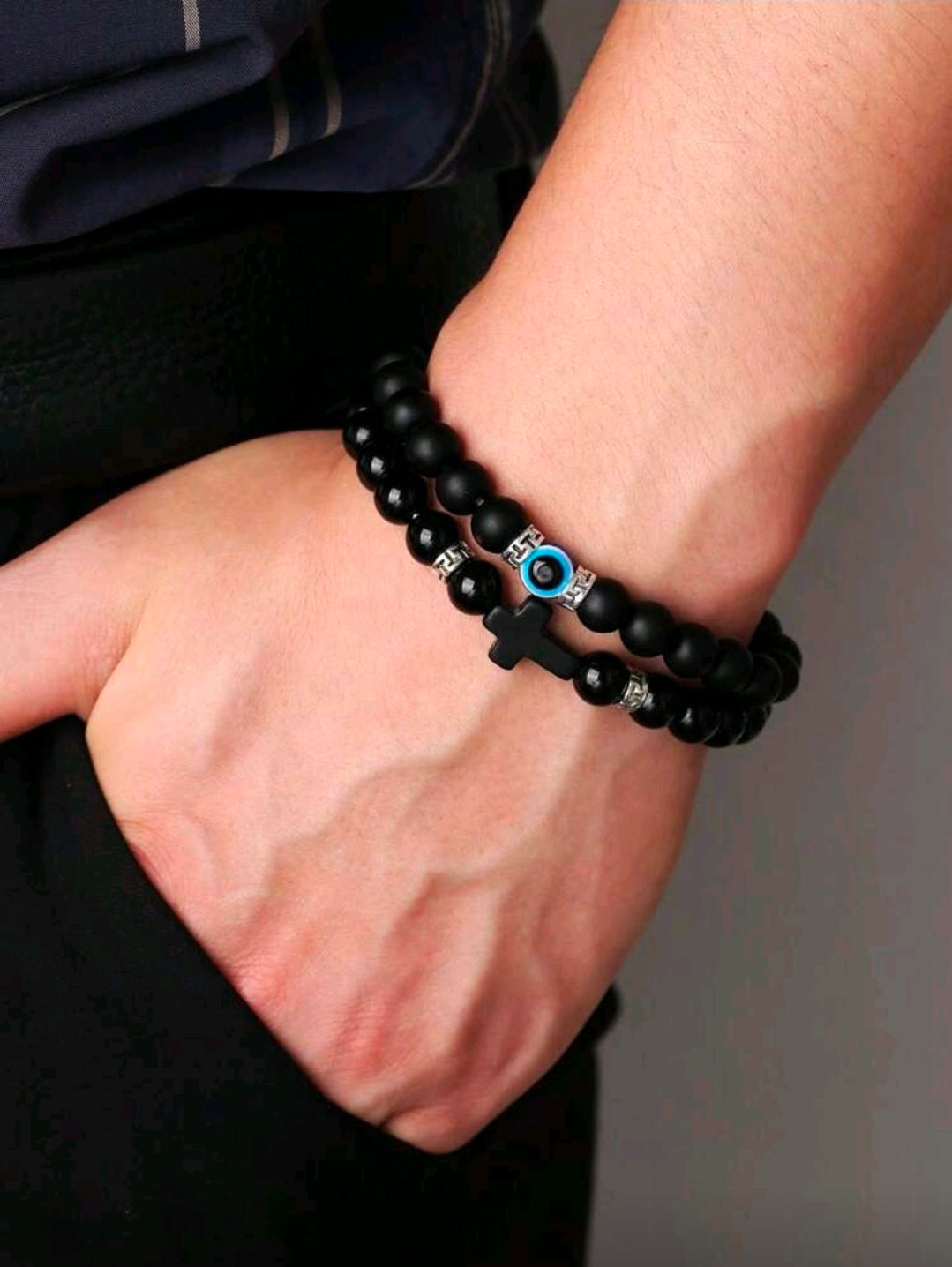 Cross/ evil eye two piece men bracelet