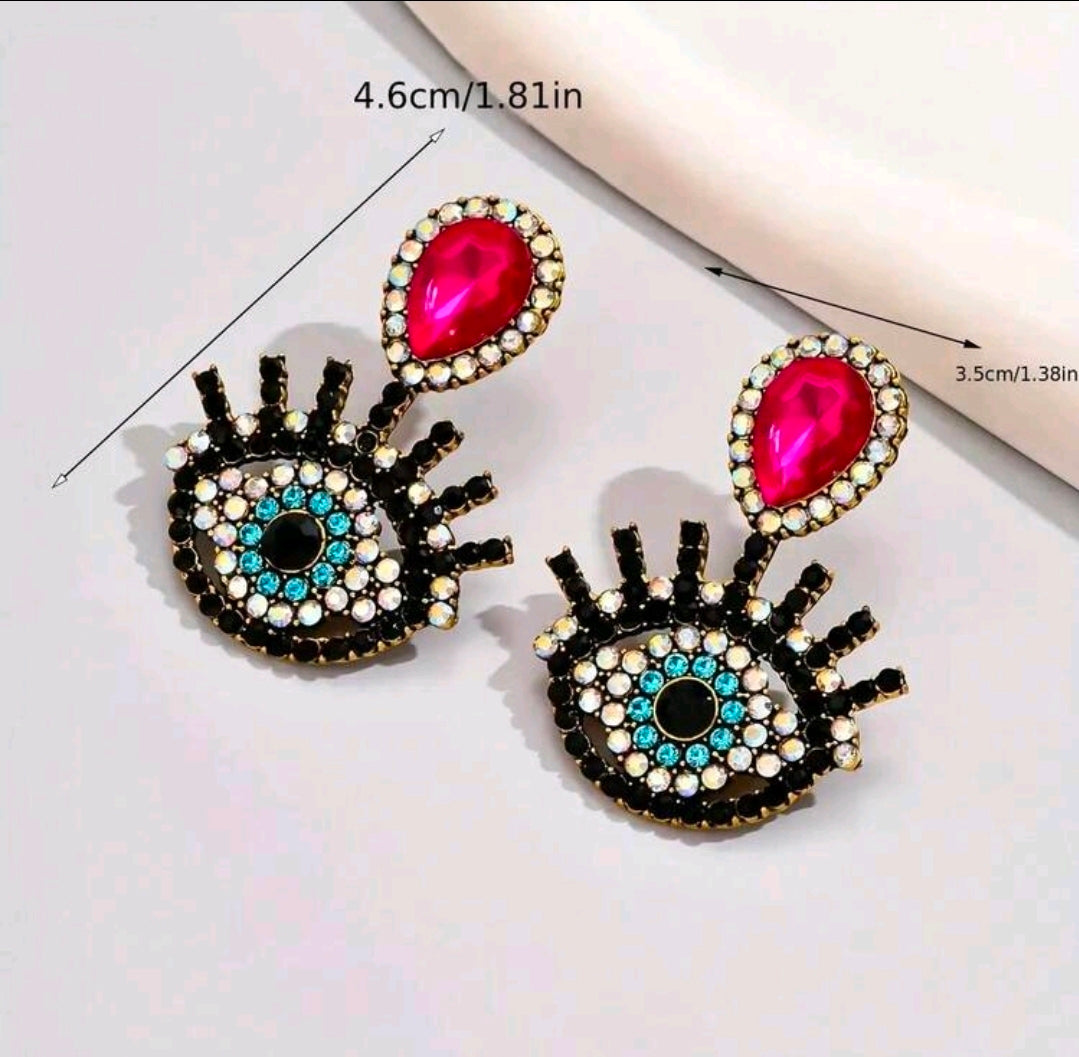 Pink evil eye rhinestone earrings (super cute)