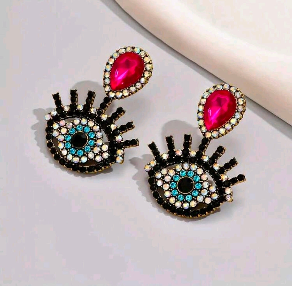 Pink evil eye rhinestone earrings (super cute)