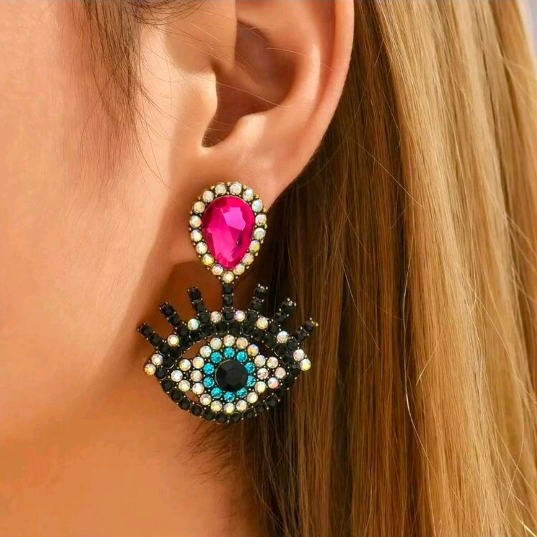 Pink evil eye rhinestone earrings (super cute)