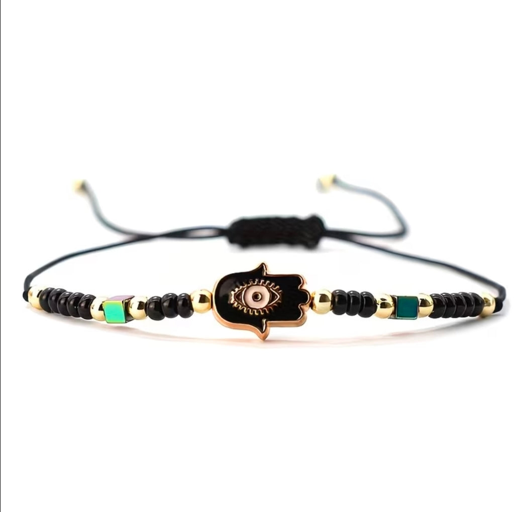 Adjustable black fatima hand bracelet