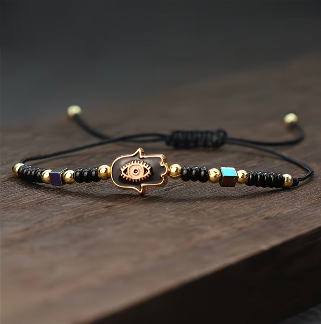 Adjustable black fatima hand bracelet