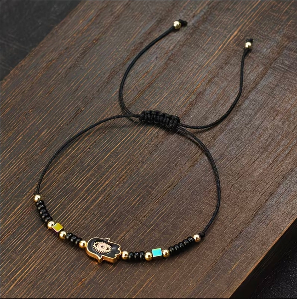 Adjustable black fatima hand bracelet