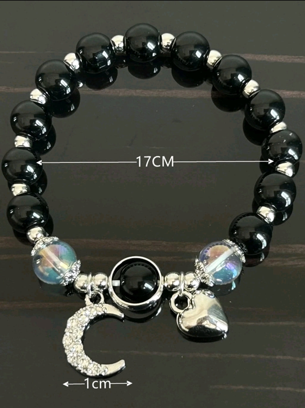 -Pulsera de cristal de ágata negra con dije de luna y corazón