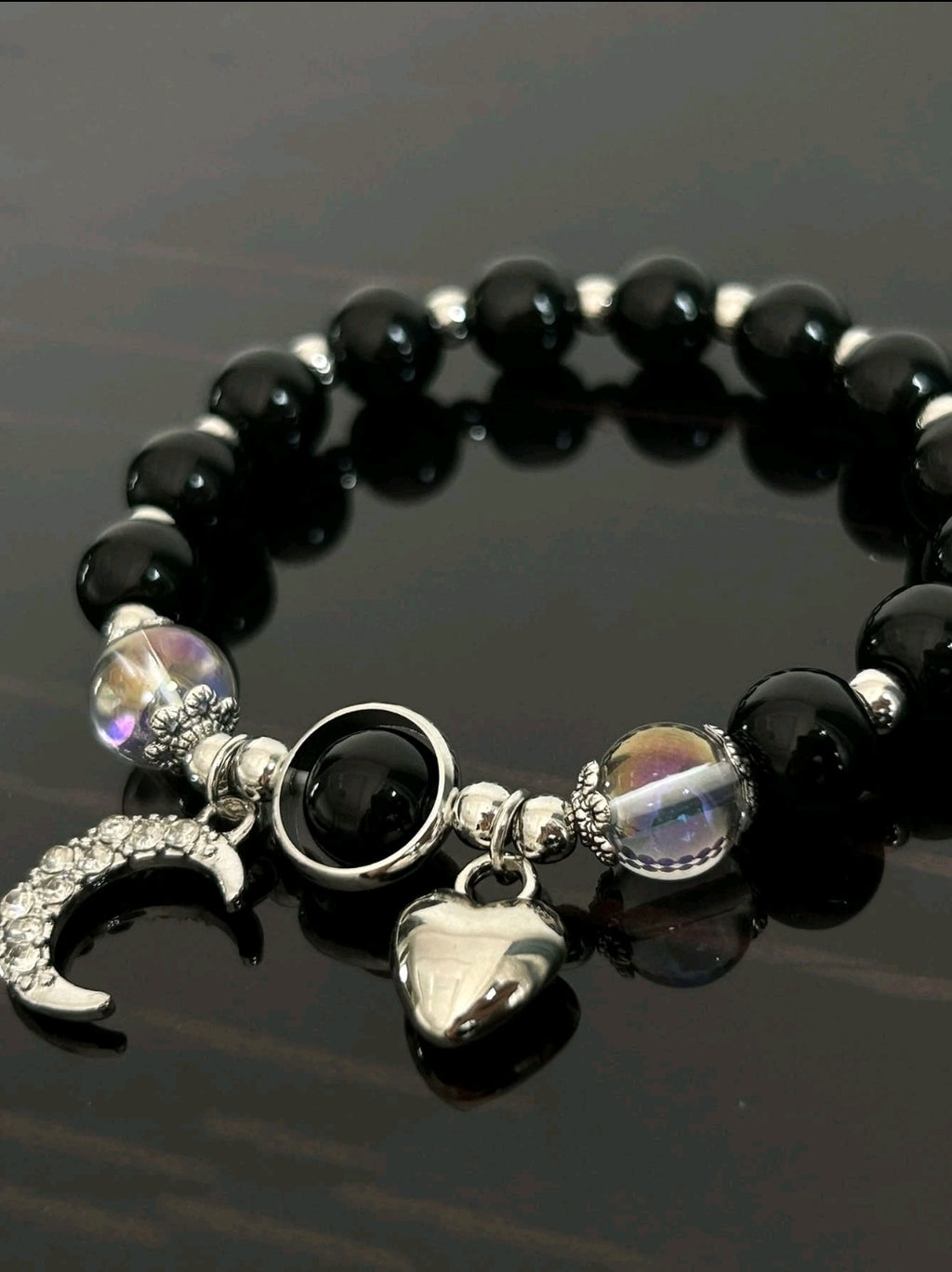 -Pulsera de cristal de ágata negra con dije de luna y corazón