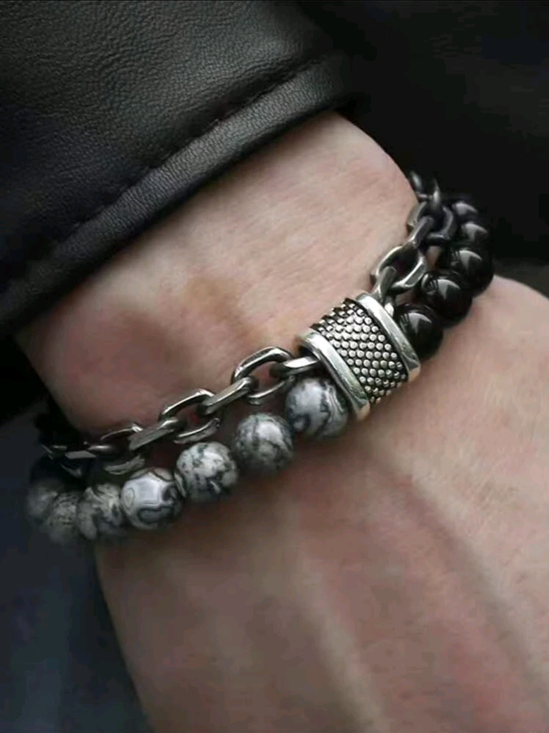 -Gray jasper/black matte onyx bracet