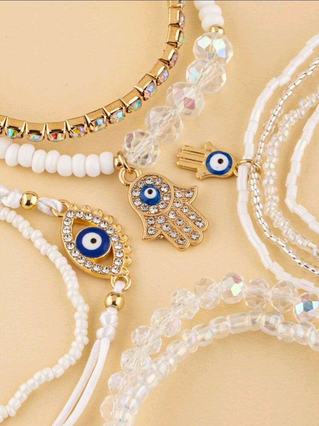 -9 piece white evil eye bracelets