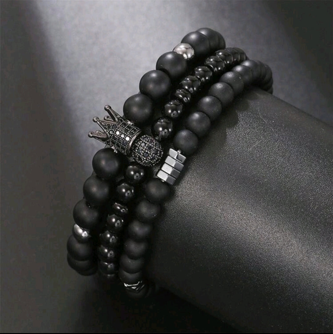 -Pulseras de corona de ágata negra (juego de 3) para hombre