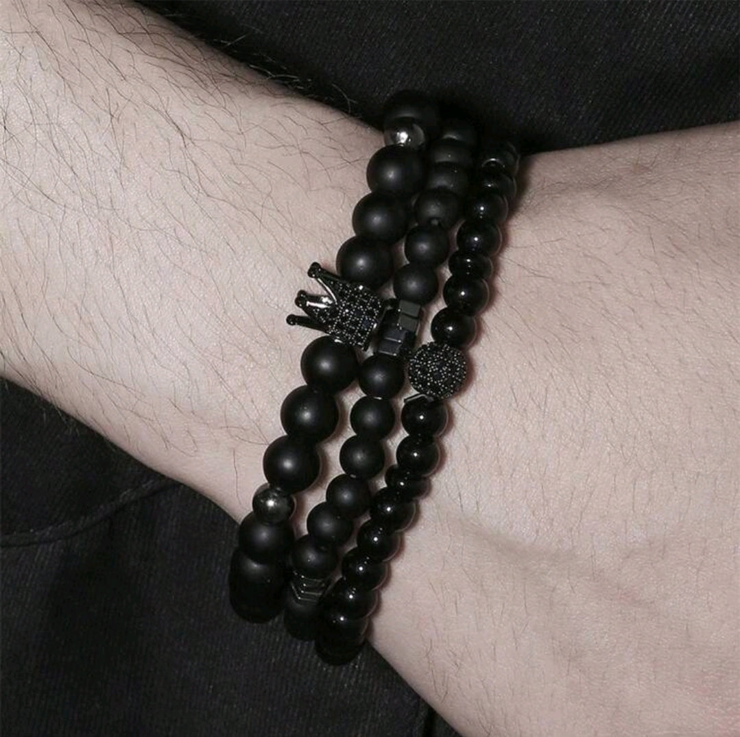 -Pulseras de corona de ágata negra (juego de 3) para hombre
