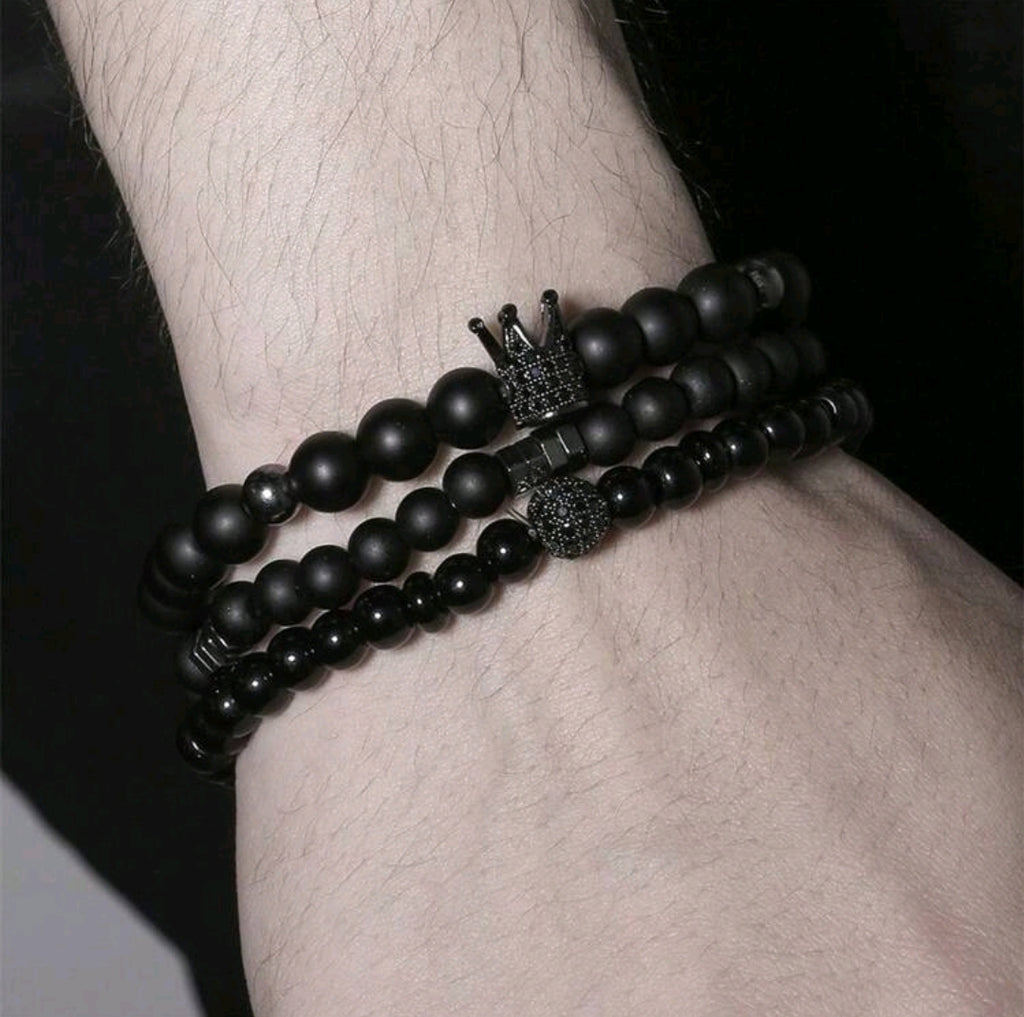 -Pulseras de corona de ágata negra (juego de 3) para hombre