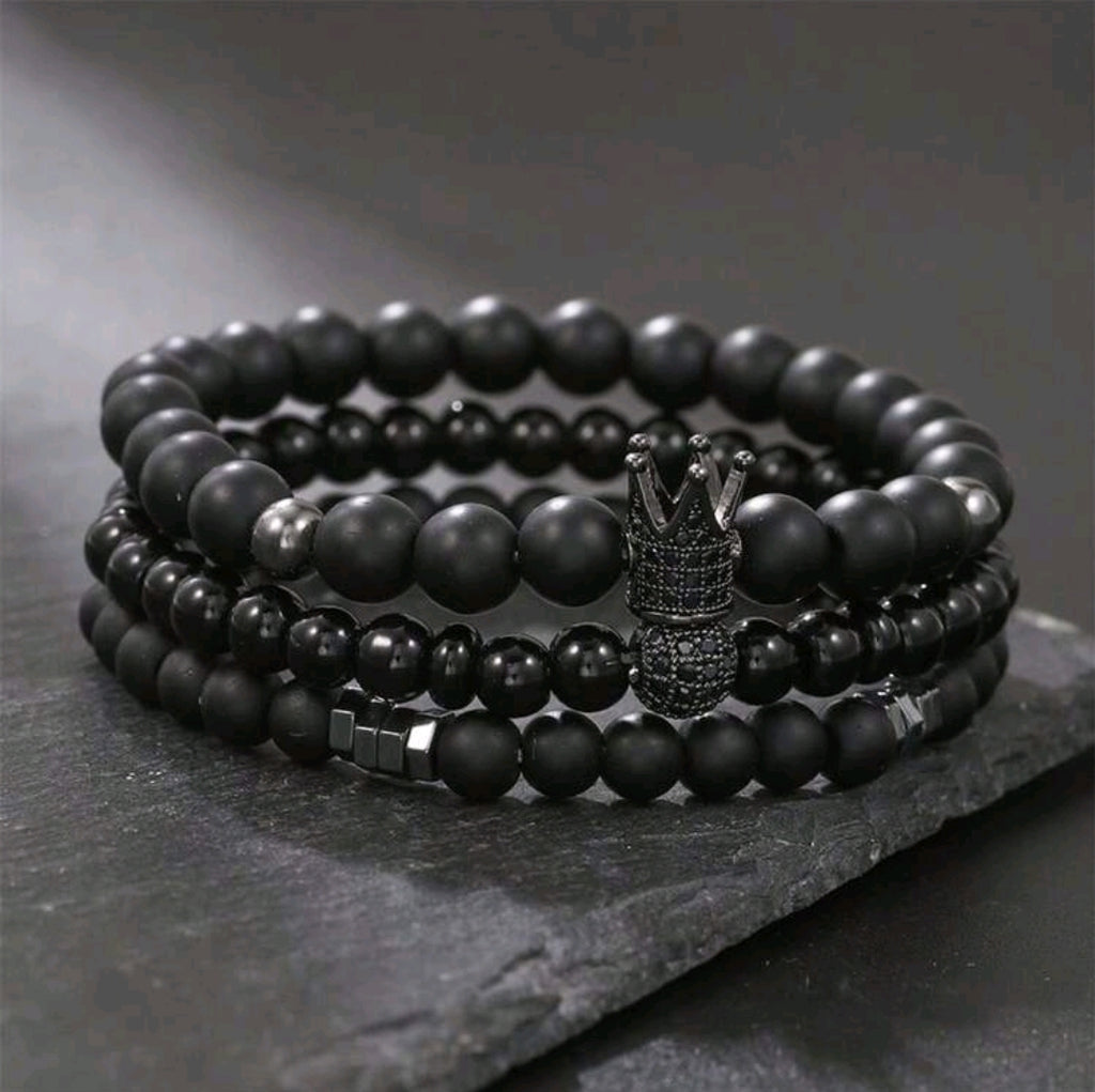 -Pulseras de corona de ágata negra (juego de 3) para hombre