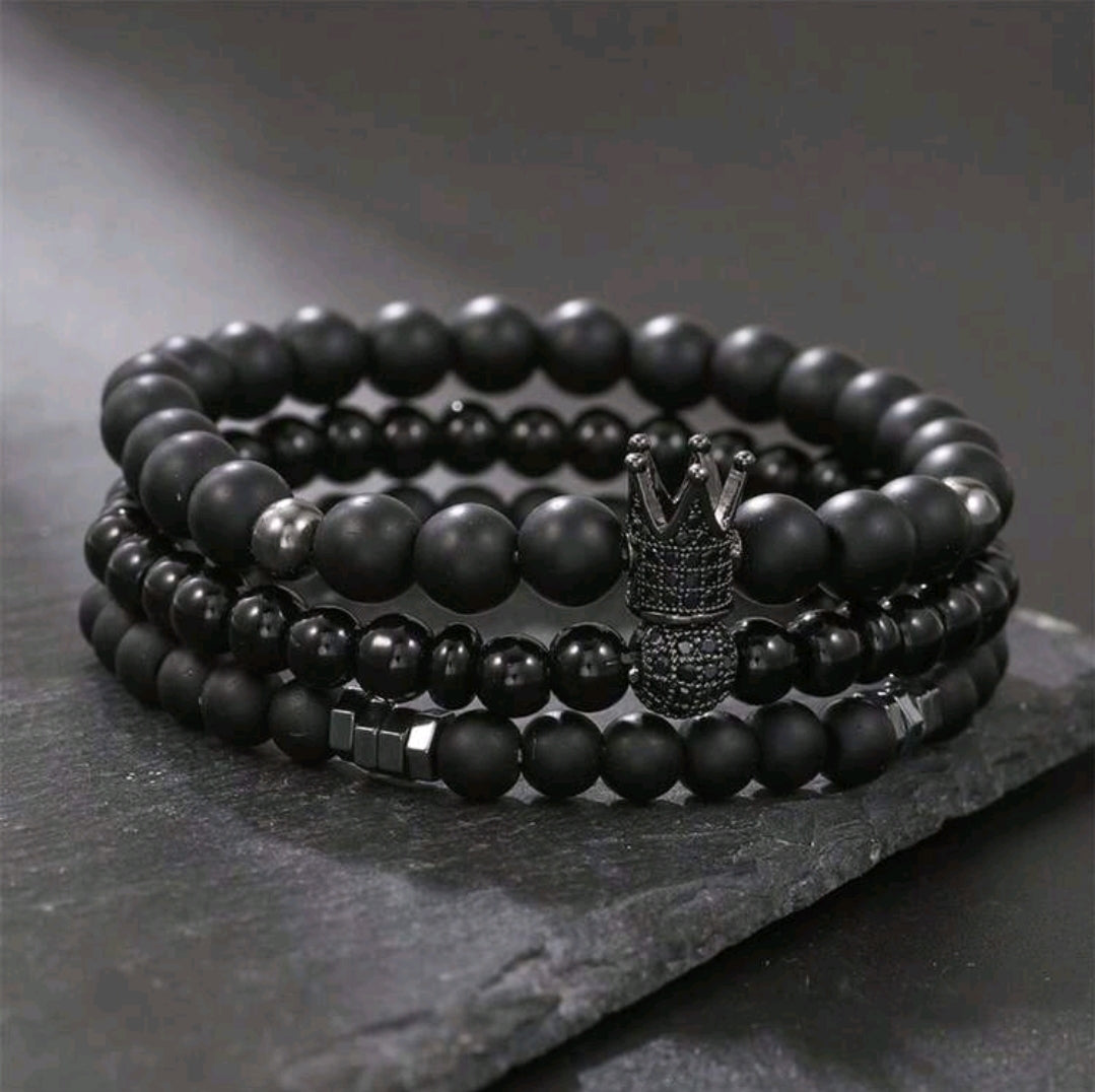 -Pulseras de corona de ágata negra (juego de 3) para hombre