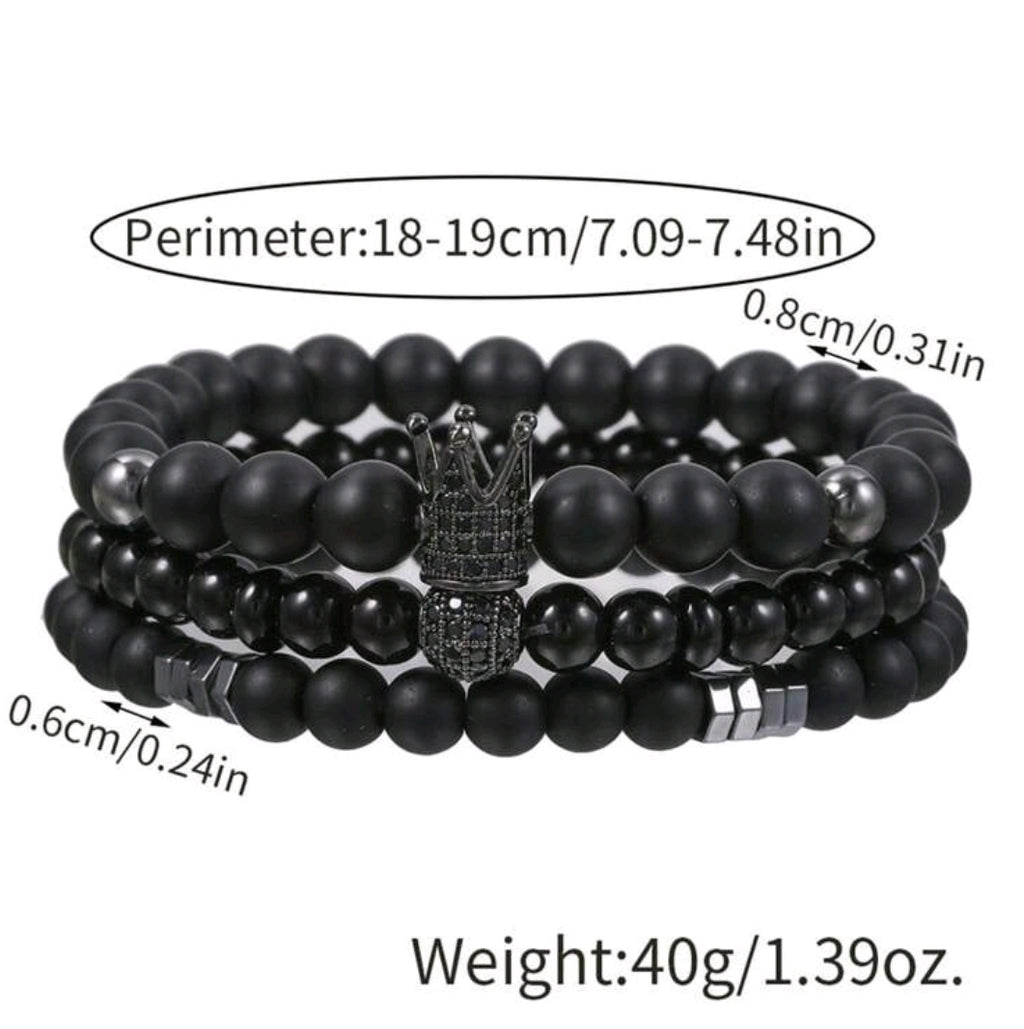 -Pulseras de corona de ágata negra (juego de 3) para hombre