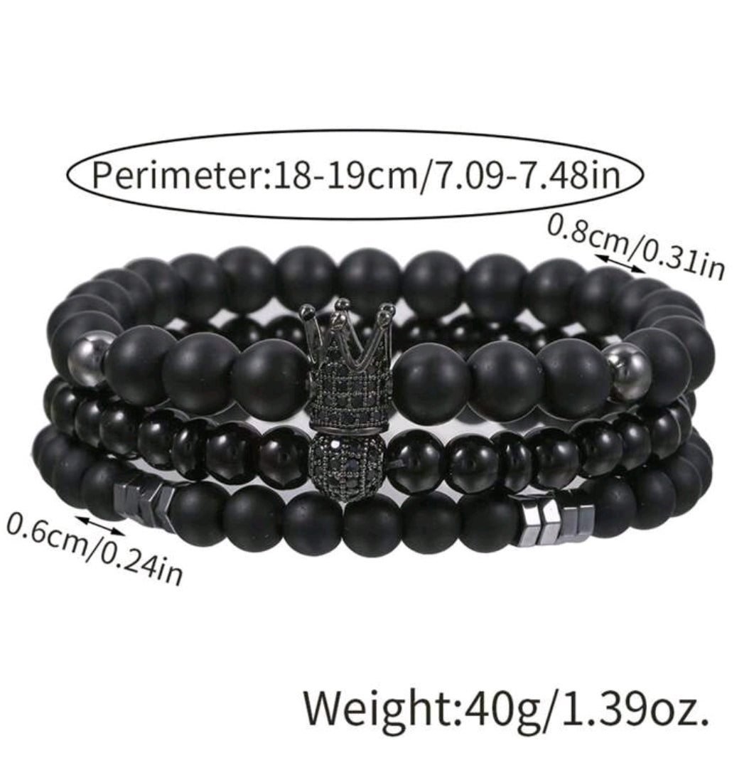 -Pulseras de corona de ágata negra (juego de 3) para hombre