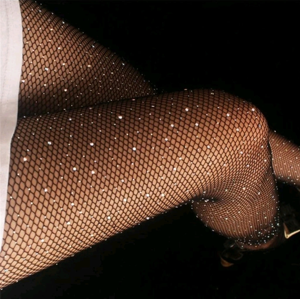-Rhinestone Fishnet Tights