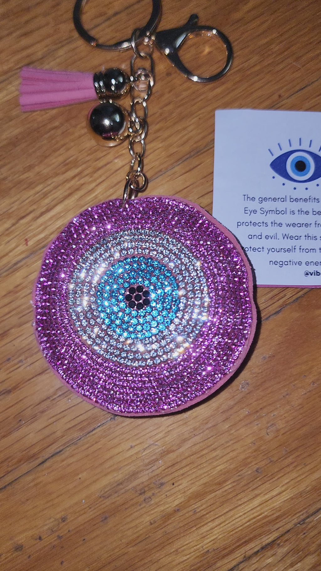 -Pink Rhinestone evil eye keychain
